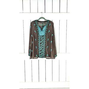 Brown floral blue sequin beaded sheer tribal Indian boho tunic long sleeve top